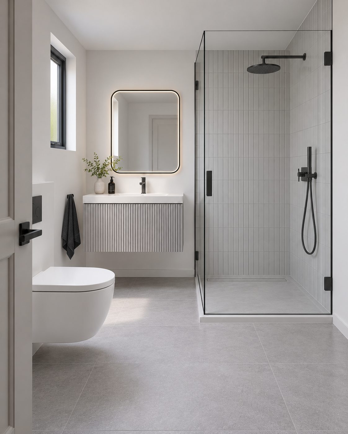 Bathroom with a walk-in glass shower, fluted grey tiles, a floating vanity and black fittings