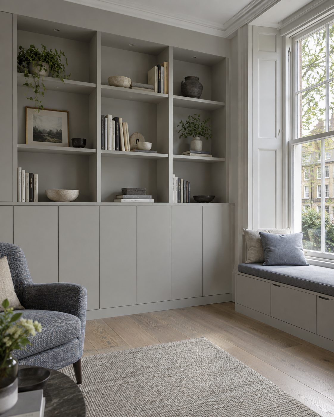 Grey built-in shelving and cupboards beside a sash window with a cushioned window seat