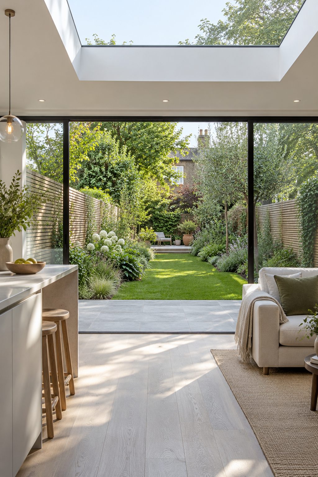 Open-plan kitchen extension with a large rooflight and sliding doors onto a long garden