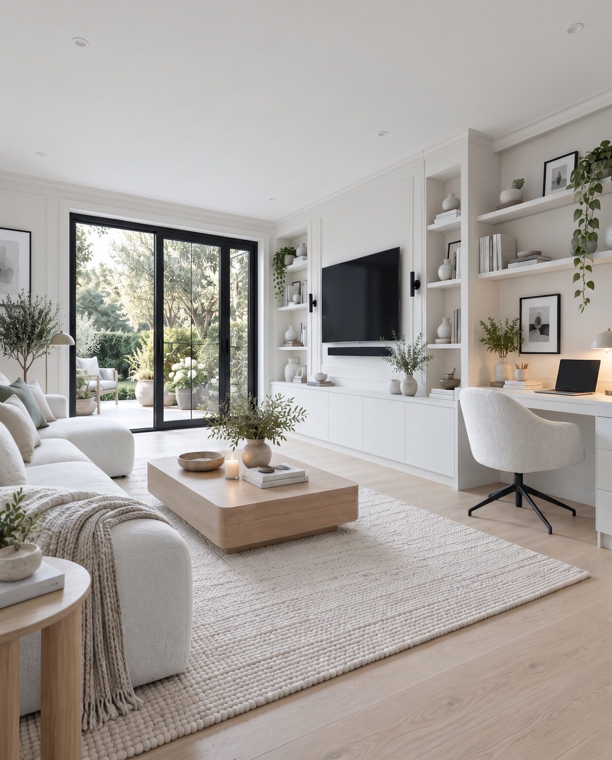 Garden office with white built-in shelving, a desk and black-framed doors opening onto the garden