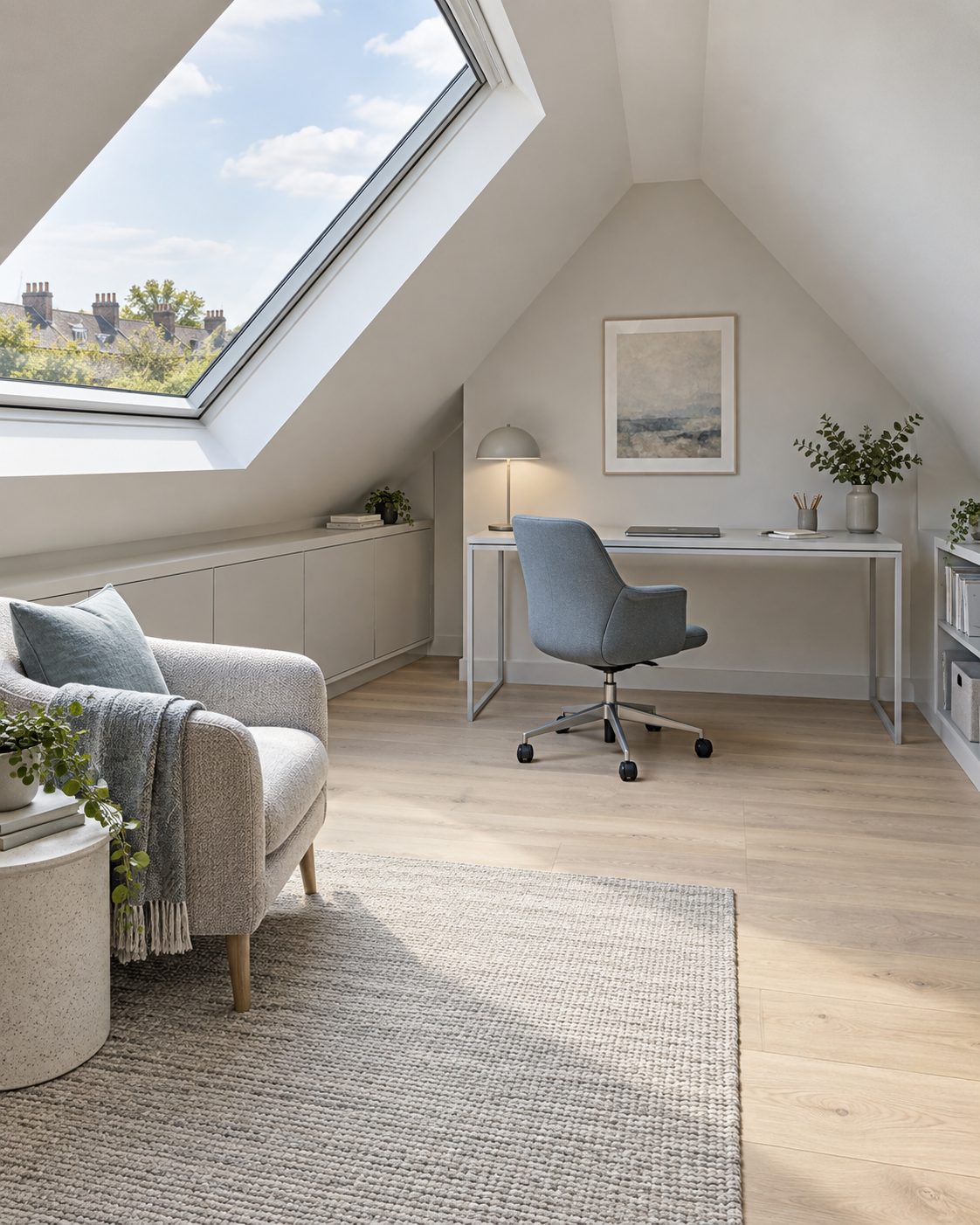 Loft conversion study with a large roof window, a white desk and built-in eaves storage